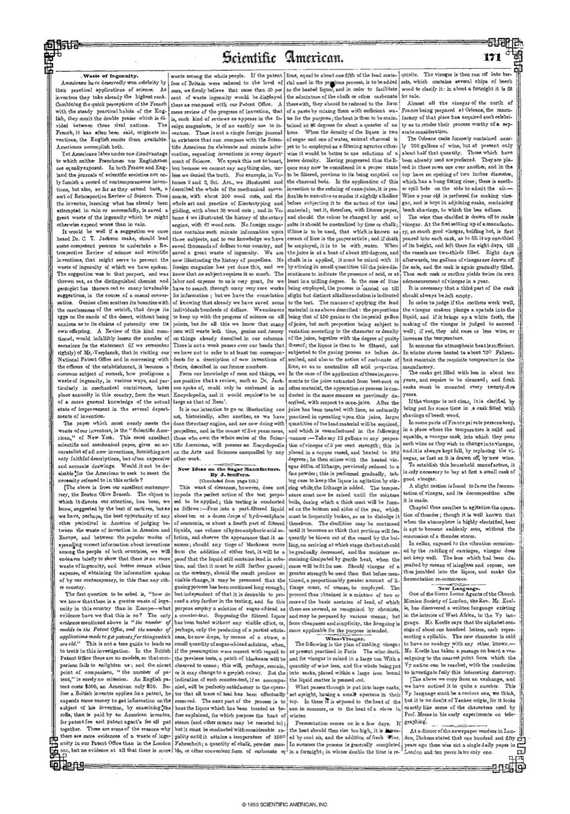 A scanned 1850 Scientific American page with four columns of small, densely set type.