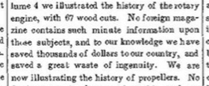 Enlarged crop of the same passage from the scan: "No foreign magazine contains such minute information upon those subjects, and to our knowledge we have saved thousands of dollars to our country, and saved a great waste of ingenuity."